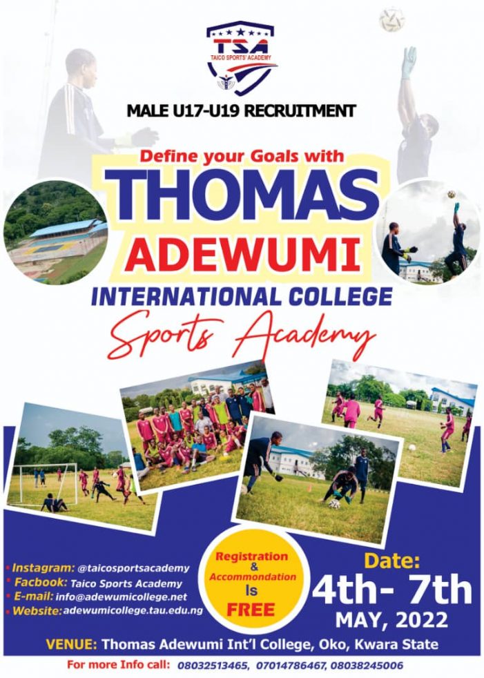 Thomas Adewumi International College set enroll young footballers for sports academy