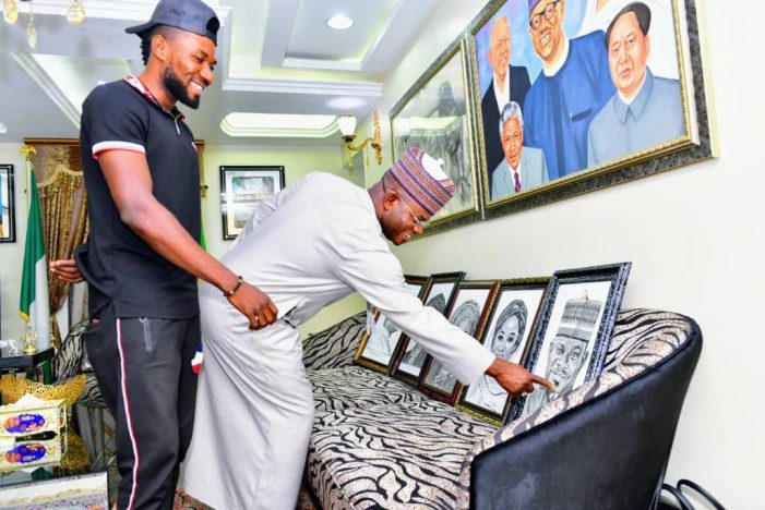 Dream comes through as creative Nigerian striker presents artwork to Governor Yahaya Bello