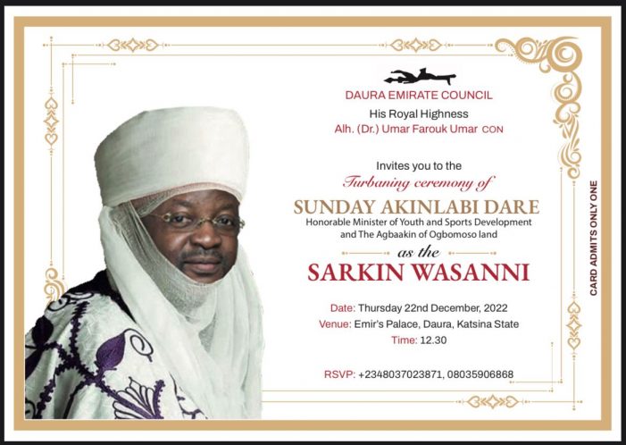 Sports Minister, Sunday Dare to bag ‘King of Games’ chieftaincy title in Daura